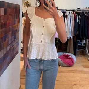 Moa Moa Cream Ruffle Sleeve Button-Front Peplum Tank